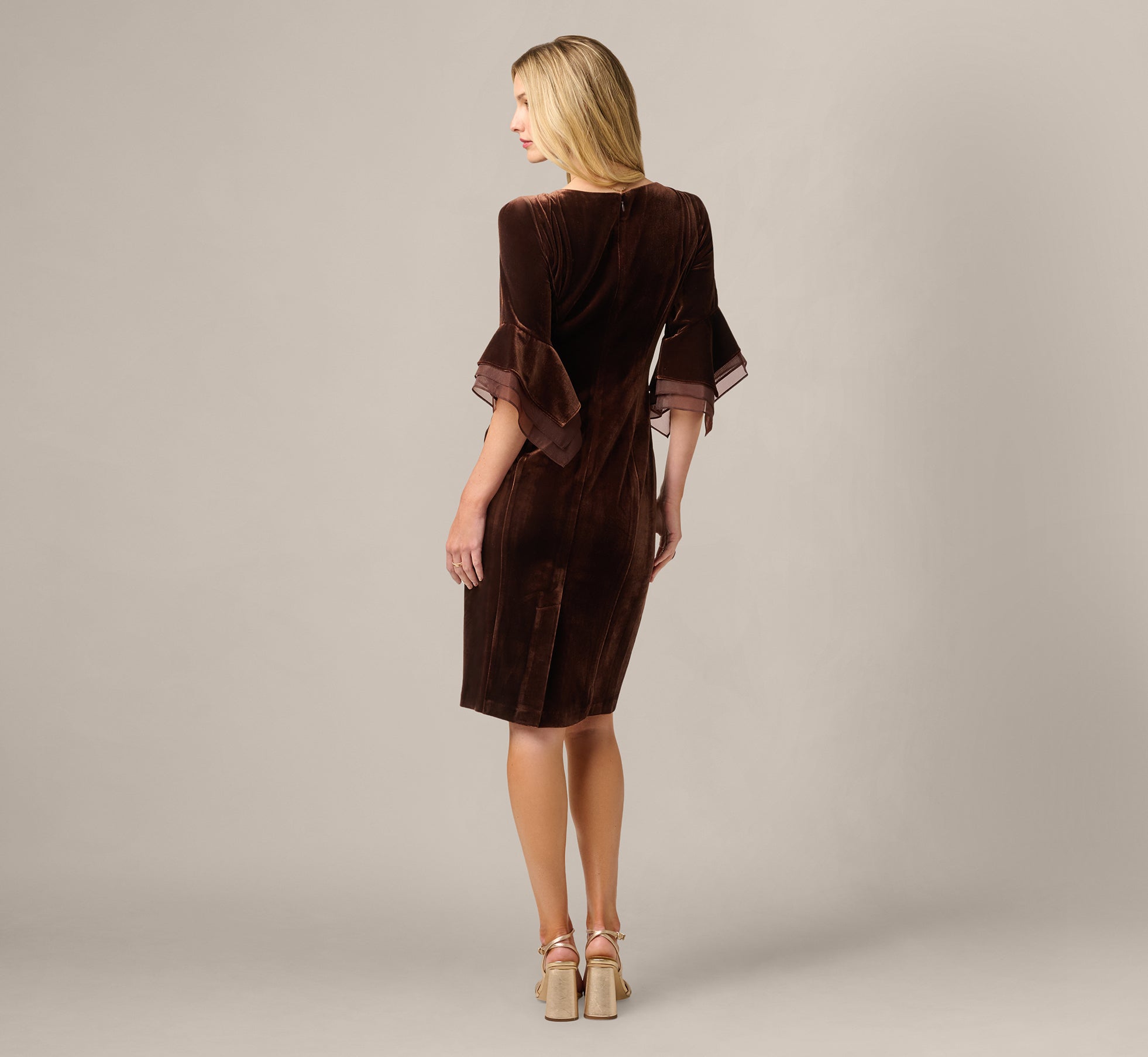 Petite Velvet Sheath Dress With Tiered Three Quarter Sleeves In Dark Brown