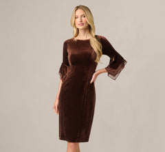 Petite Velvet Sheath Dress With Tiered Three Quarter Sleeves In Dark Brown