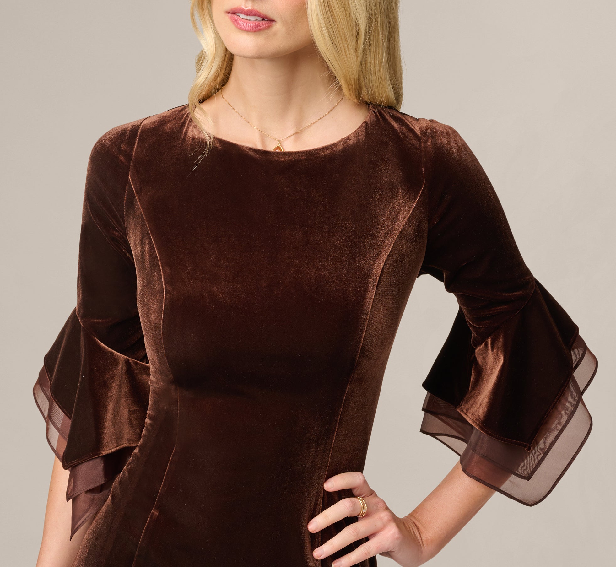 Petite Velvet Sheath Dress With Tiered Three Quarter Sleeves In Dark Brown
