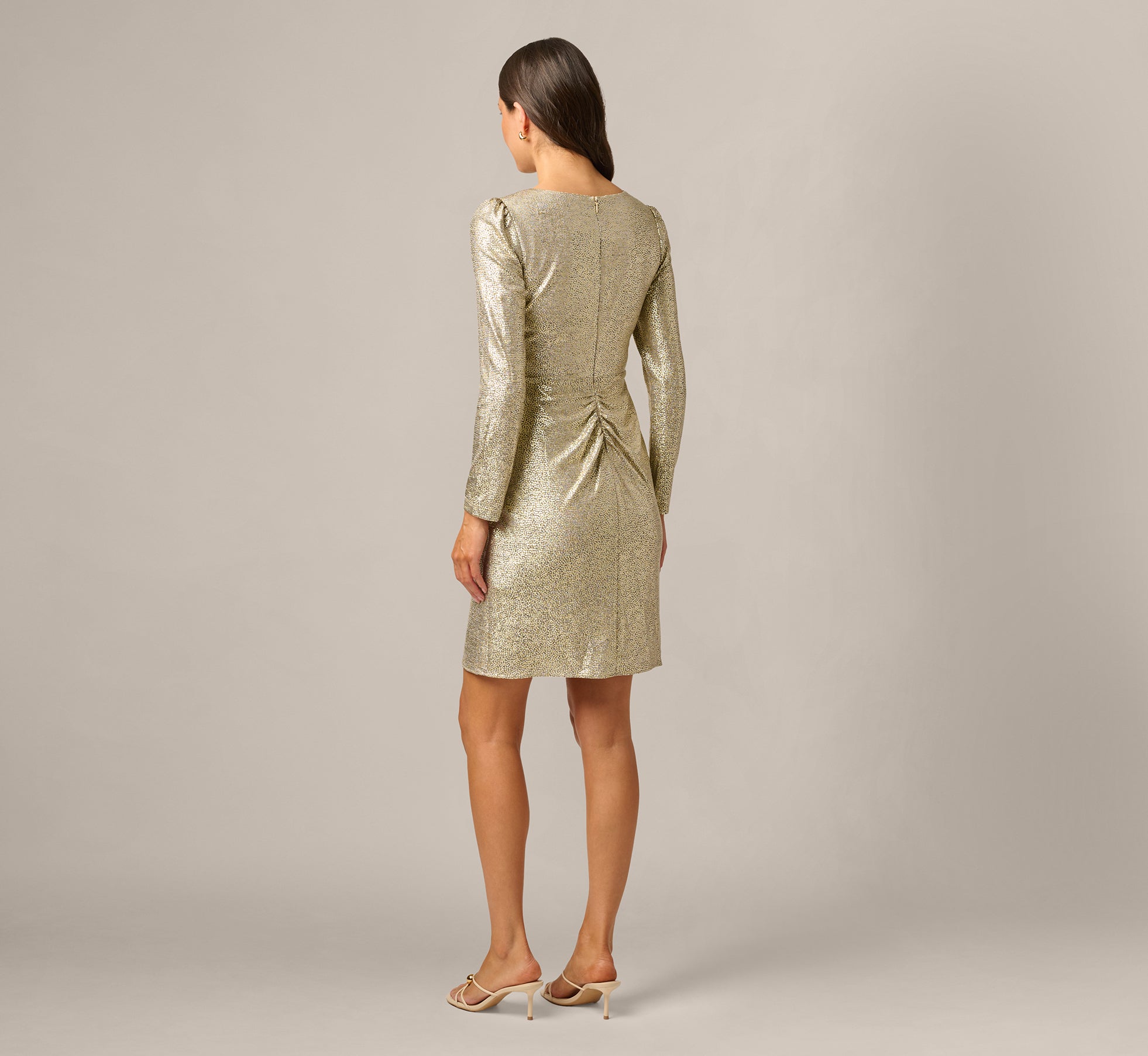 Petite Foil Knit Faux Wrap Dress With Long Sleeves In Light Gold