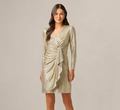 Petite Foil Knit Faux Wrap Dress With Long Sleeves In Light Gold