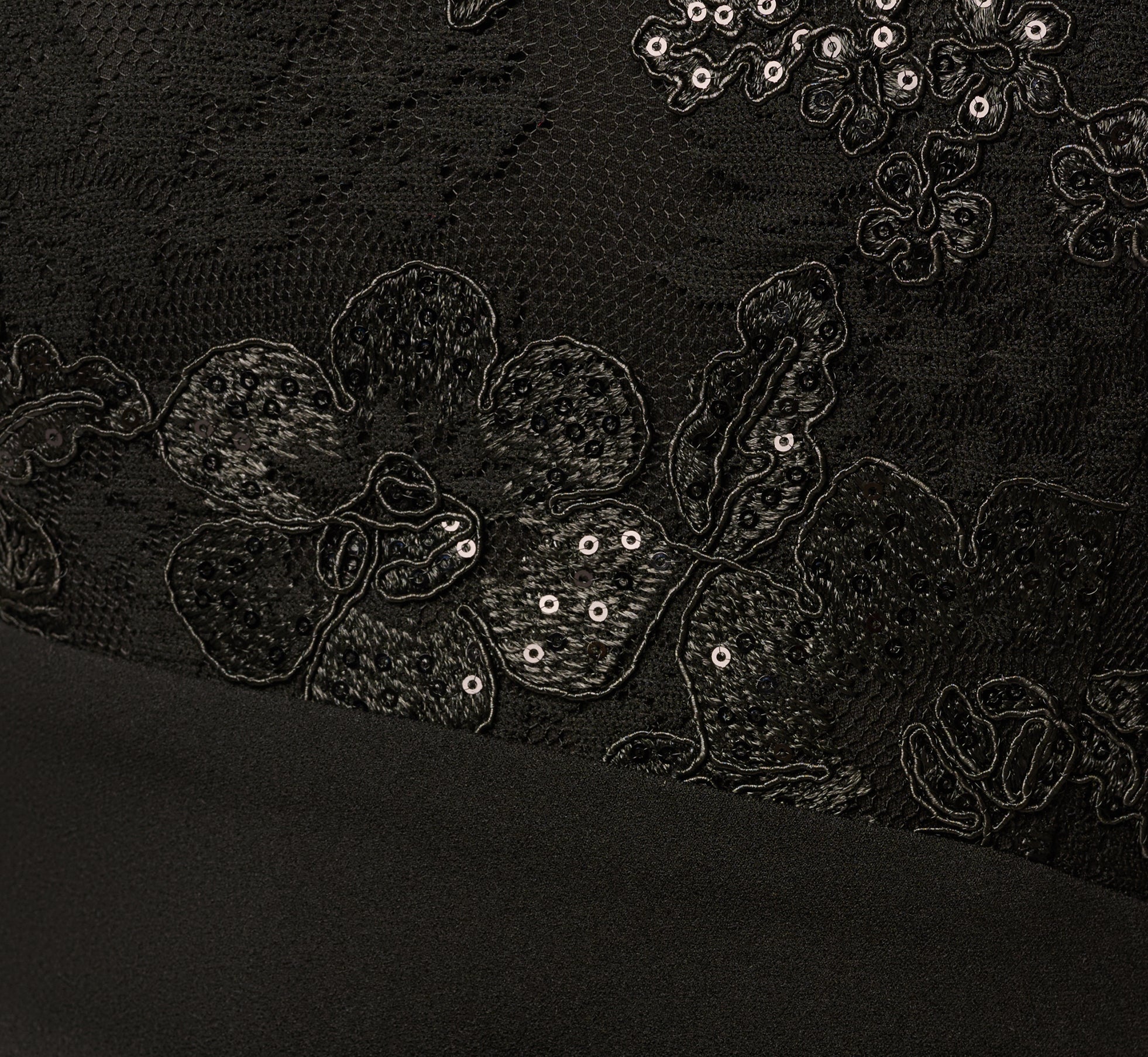 Sequin Floral Lace Dress With Sheer Bell Sleeves In Black