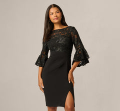 Sequin Floral Lace Dress With Sheer Bell Sleeves In Black