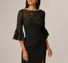 Sequin Floral Lace Dress With Sheer Bell Sleeves In Black