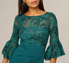Sequin Floral Lace Dress With Sheer Bell Sleeves In Hunter