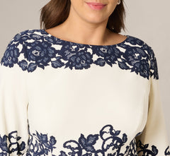 Plus Size Scroll Lace Midi Dress With Three Quarter Sleeves In Ivory Navy