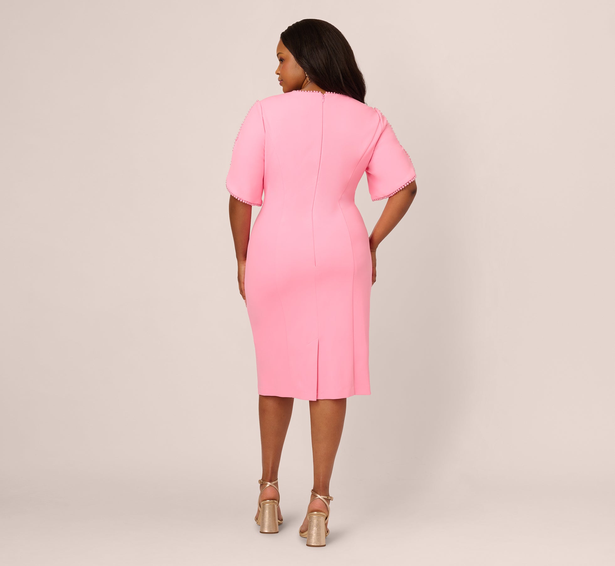 Plus Size Crepe Midi Length Sheath Dress With Pearl Trimmed Sleeves In Cherry Blossom
