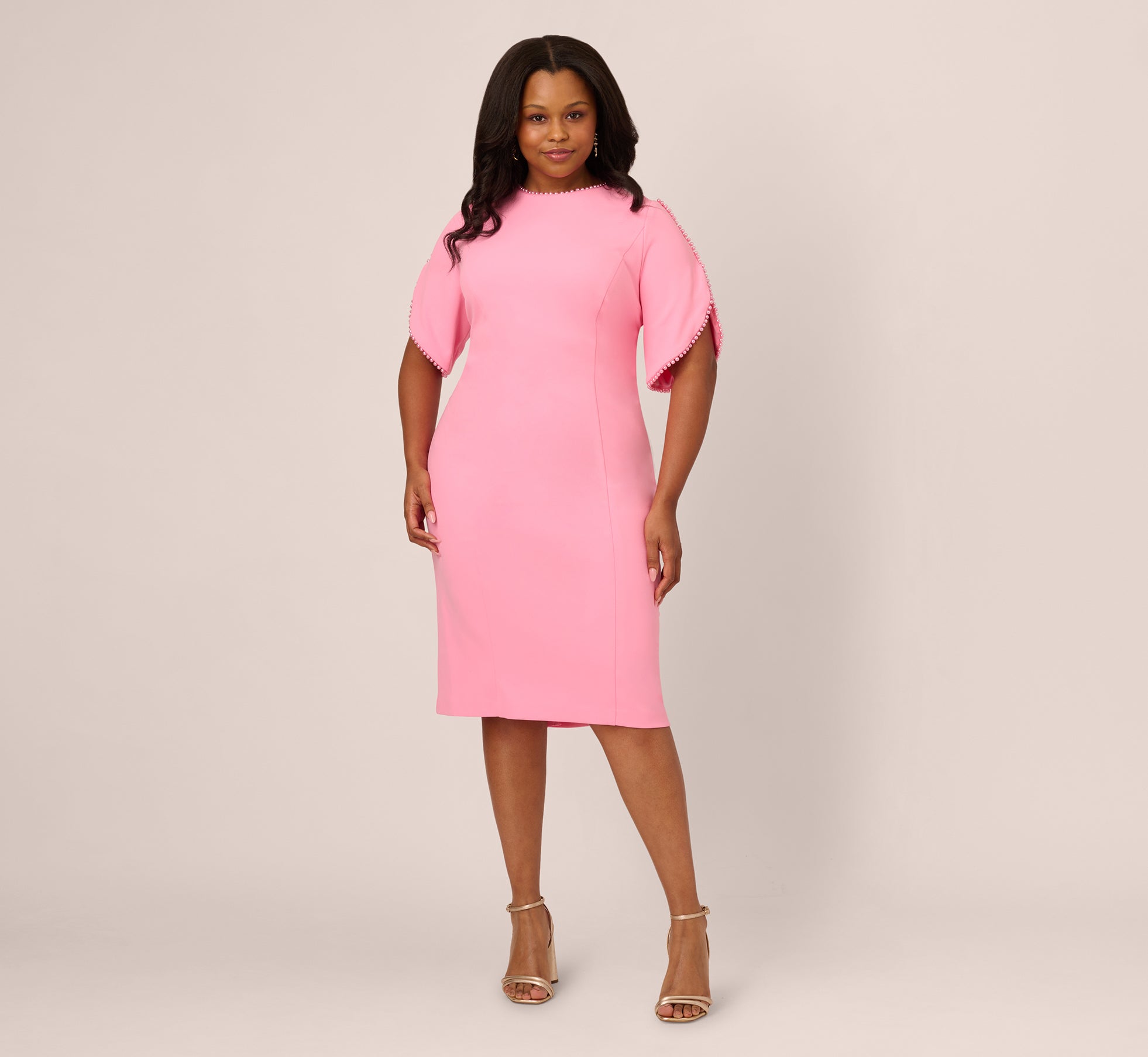 Plus Size Crepe Midi Length Sheath Dress With Pearl Trimmed Sleeves In Cherry Blossom