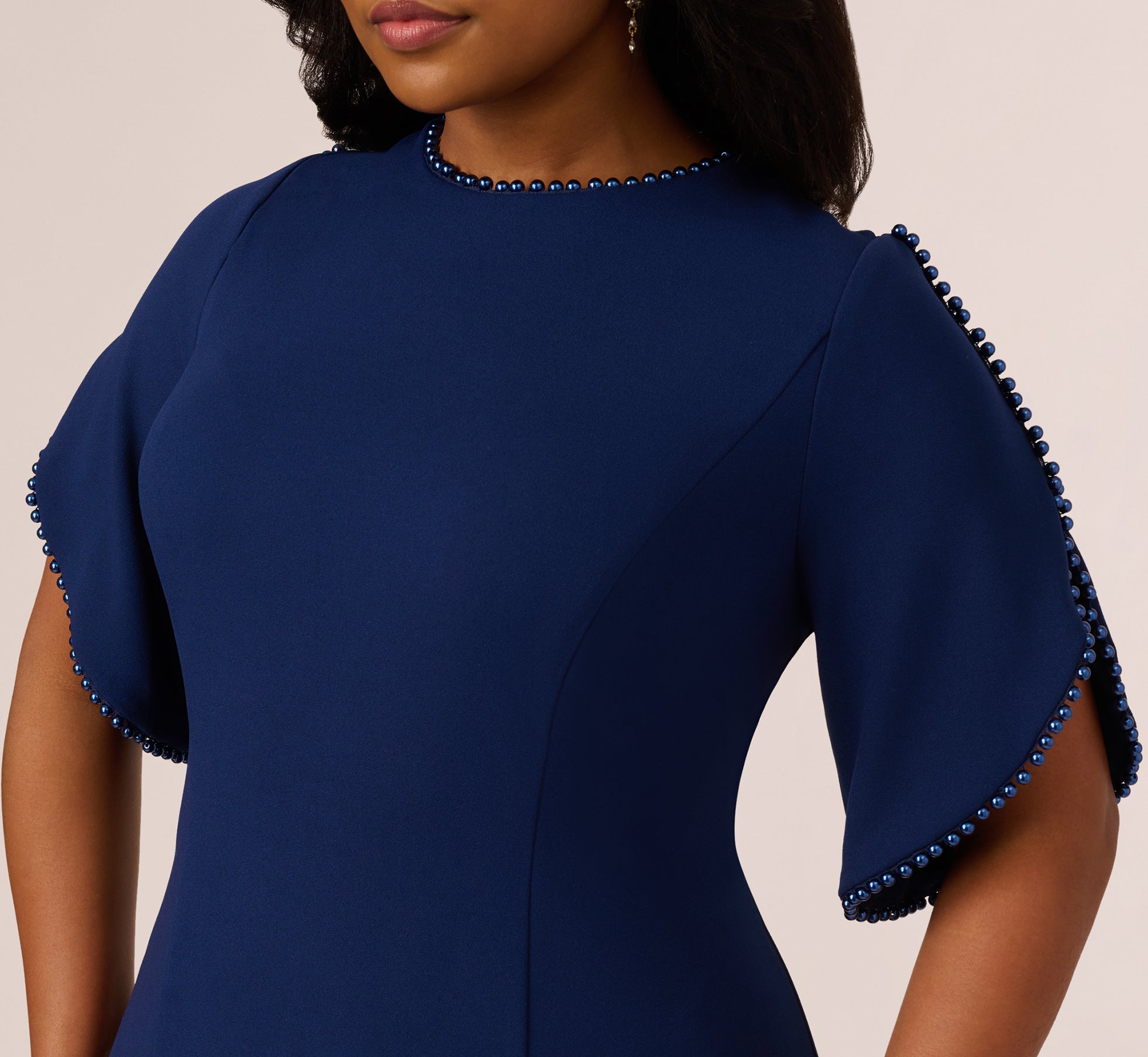 Plus Size Crepe Midi Length Sheath Dress With Pearl Trimmed Sleeves In Navy Sateen