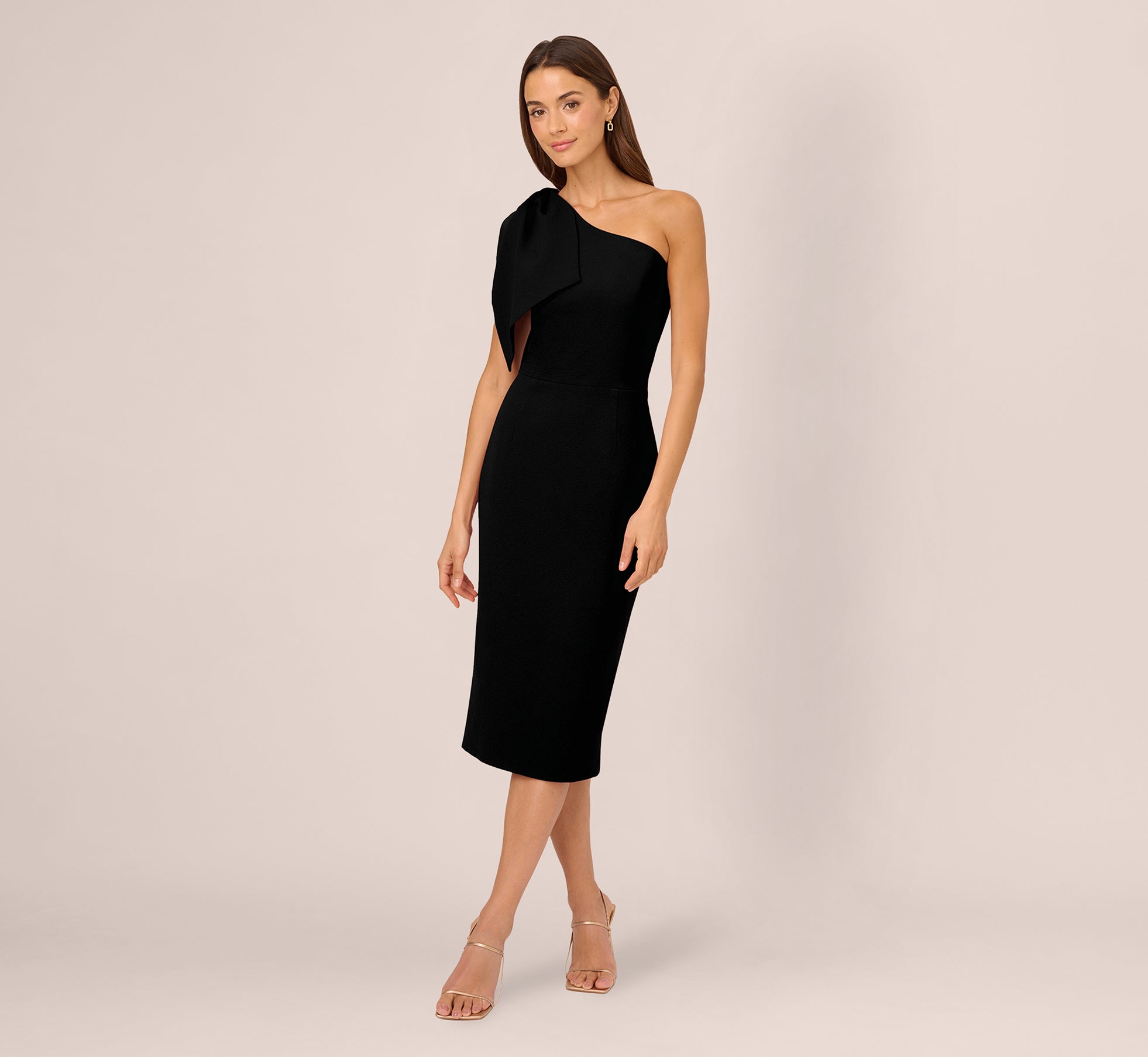 One Shoulder Midi Dress With Bow Accent In Black