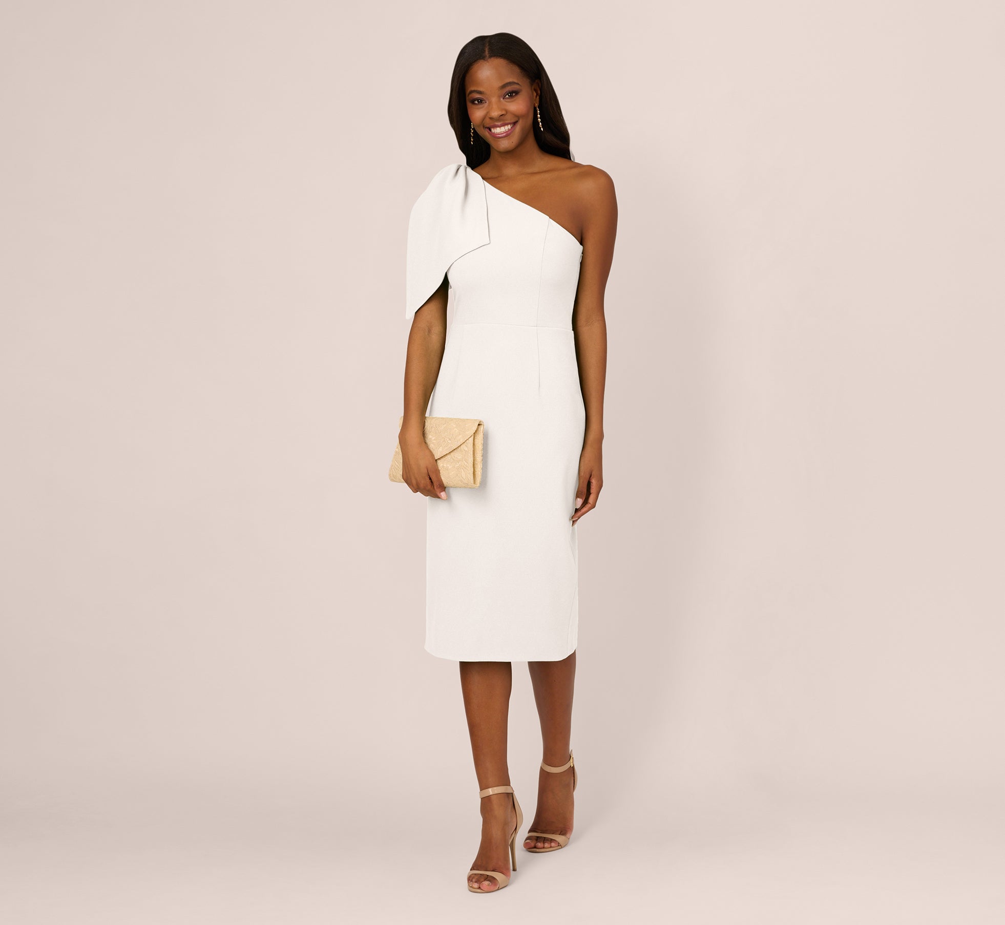 One Shoulder Midi Dress With Bow Accent In Ivory