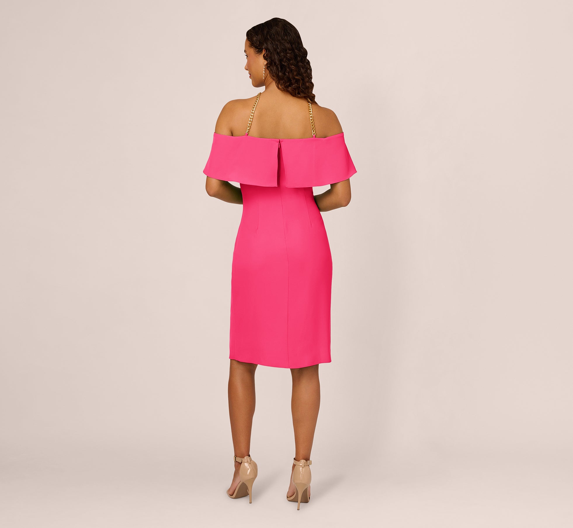 Ruffle Popover Midi Dress With Chain Halter Neckline In Electric Pink