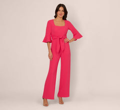 Knit Crepe Wide Leg Jumpsuit With Bell Sleeves In Camellia