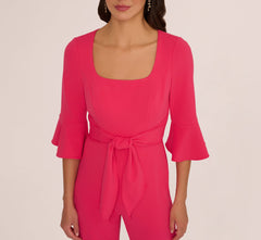 Knit Crepe Wide Leg Jumpsuit With Bell Sleeves In Camellia