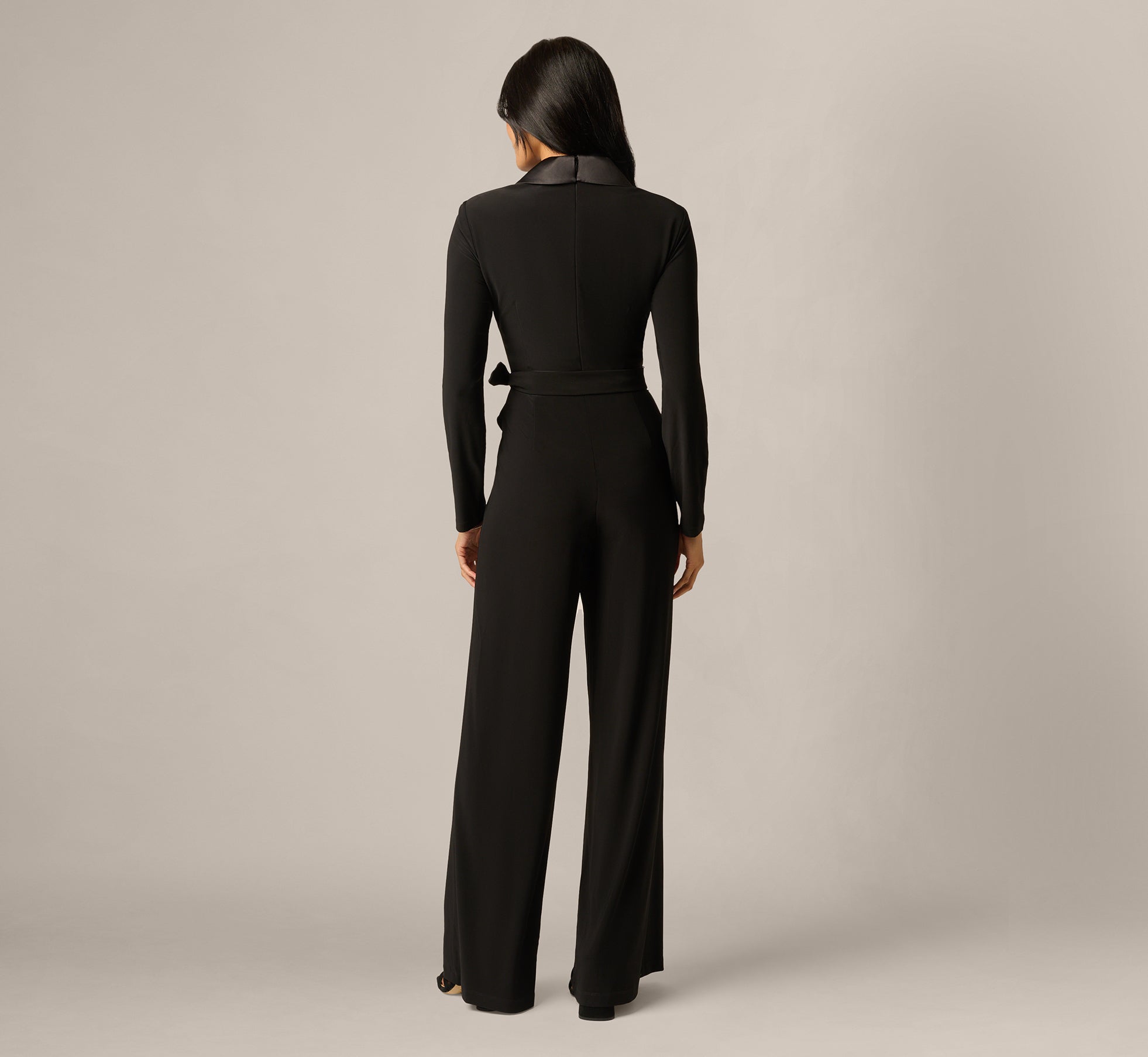 Jersey Wide Leg Tuxedo Jumpsuit With Charmeuse Details In Black