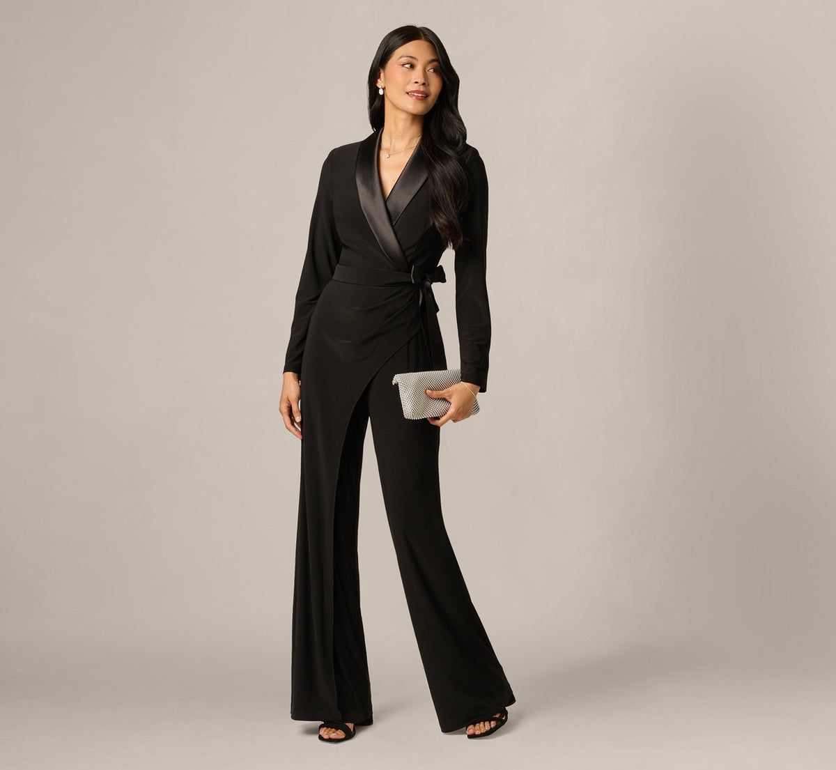 Jersey Wide Leg Tuxedo Jumpsuit With Charmeuse Details In Black