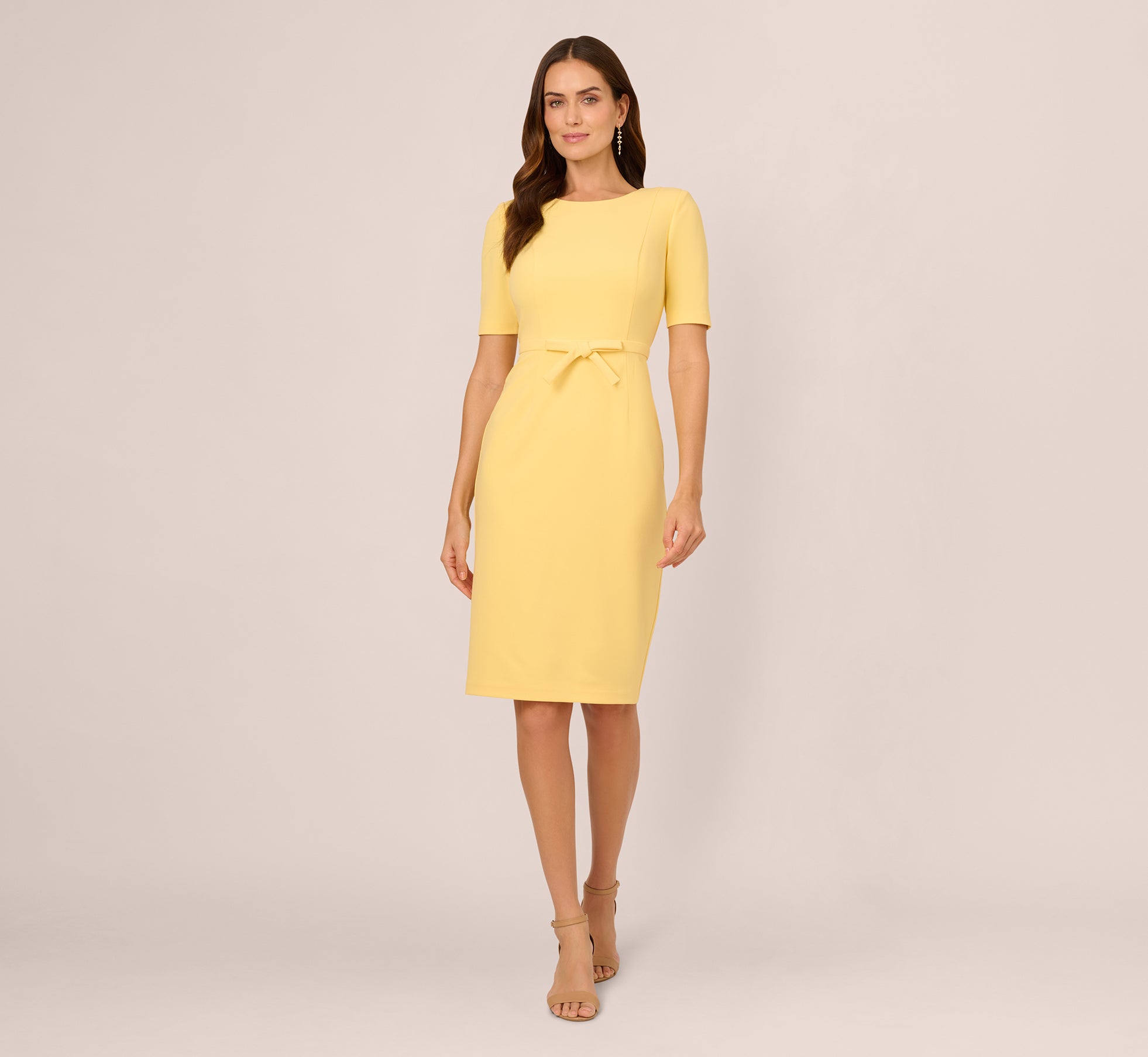 Short Sleeve Bow Waist Sheath Dress In Warm Sun