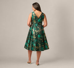 Plus Size V Neck Metallic Jacquard Fit And Flare Midi Dress In Hunter Gold