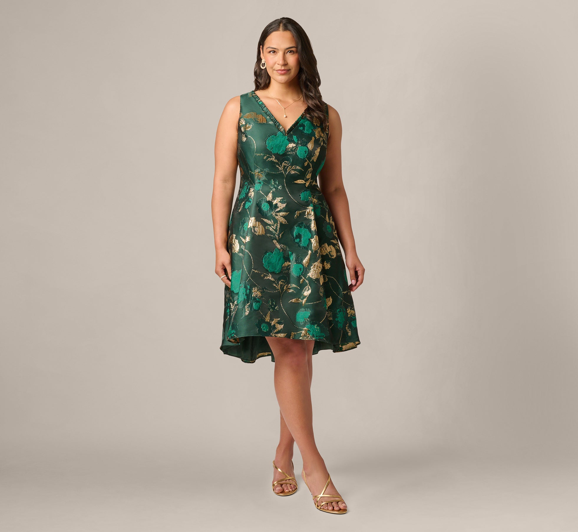 Plus Size V Neck Metallic Jacquard Fit And Flare Midi Dress In Hunter Gold