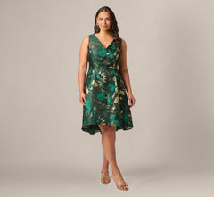 Plus Size V Neck Metallic Jacquard Fit And Flare Midi Dress In Hunter Gold