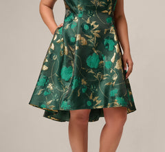 Plus Size V Neck Metallic Jacquard Fit And Flare Midi Dress In Hunter Gold