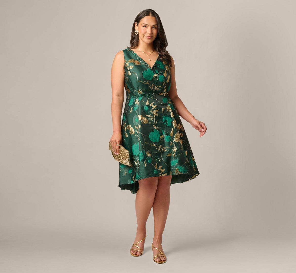 Plus Size V Neck Metallic Jacquard Fit And Flare Midi Dress In Hunter Gold