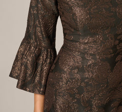 Three Quarter Bell Sleeve Short Jacquard Dress In Black Bronze