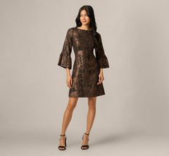Three Quarter Bell Sleeve Short Jacquard Dress In Black Bronze