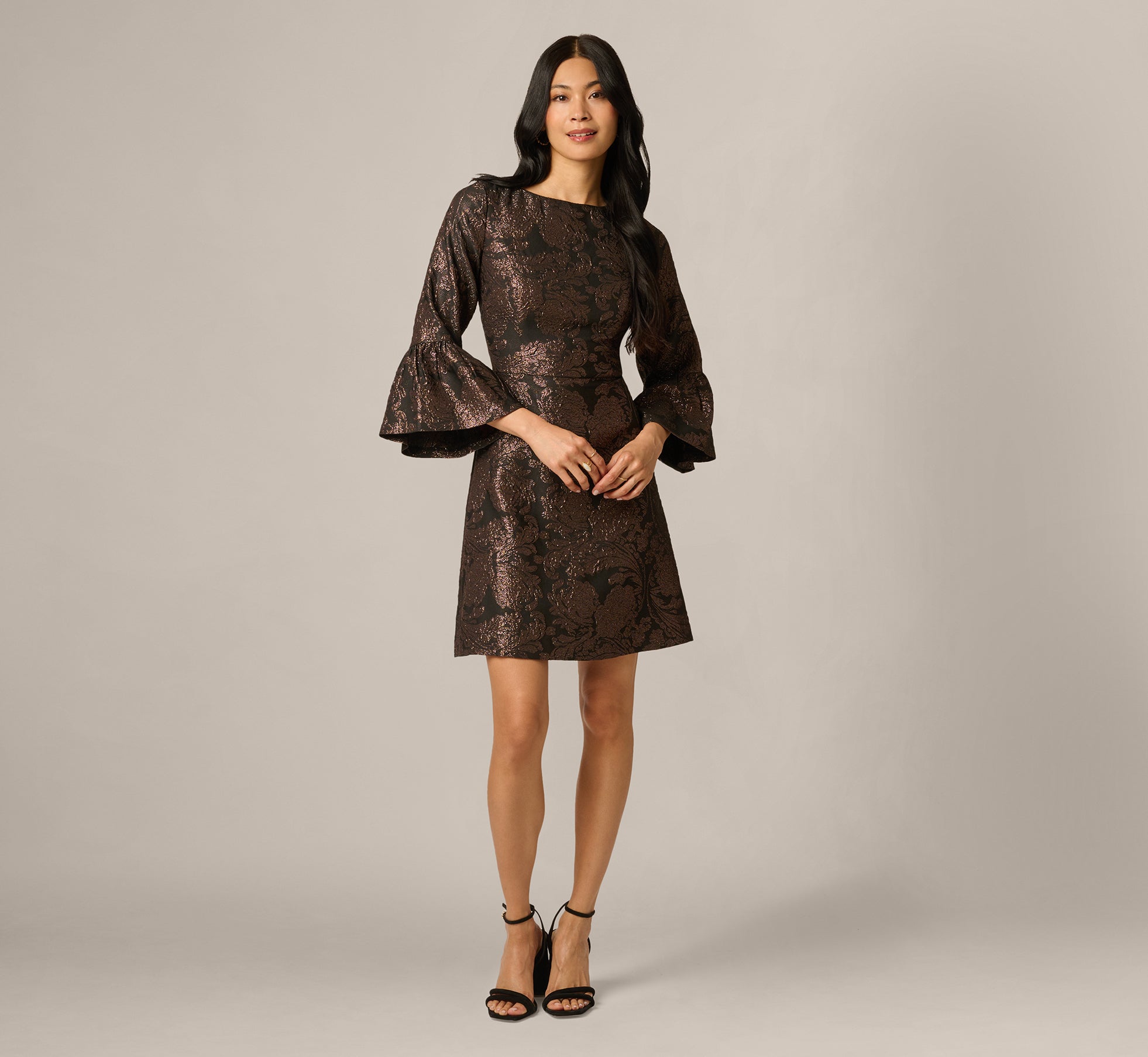 Three Quarter Bell Sleeve Short Jacquard Dress In Black Bronze