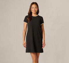 Stretch Crepe Pearly Short Shift Dress In Black Ivory