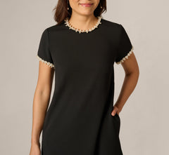 Stretch Crepe Pearly Short Shift Dress In Black Ivory