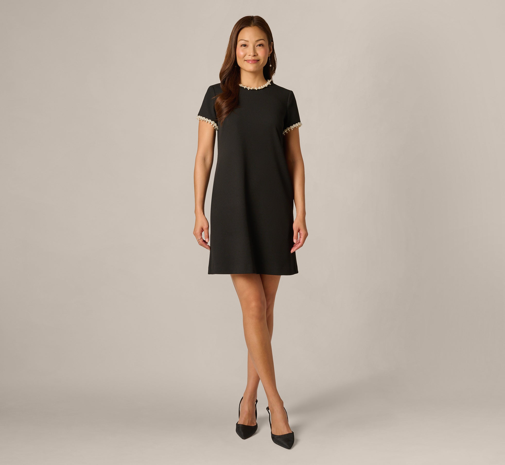 Stretch Crepe Pearly Short Shift Dress In Black Ivory