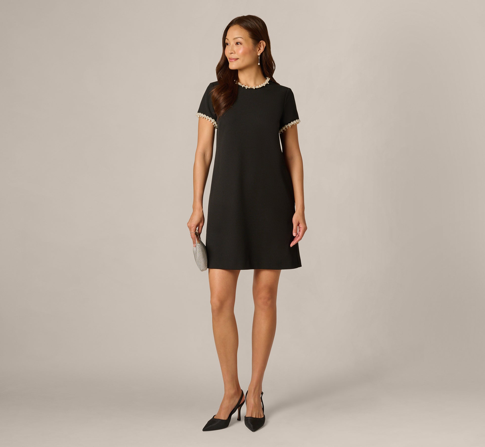 Stretch Crepe Pearly Short Shift Dress In Black Ivory