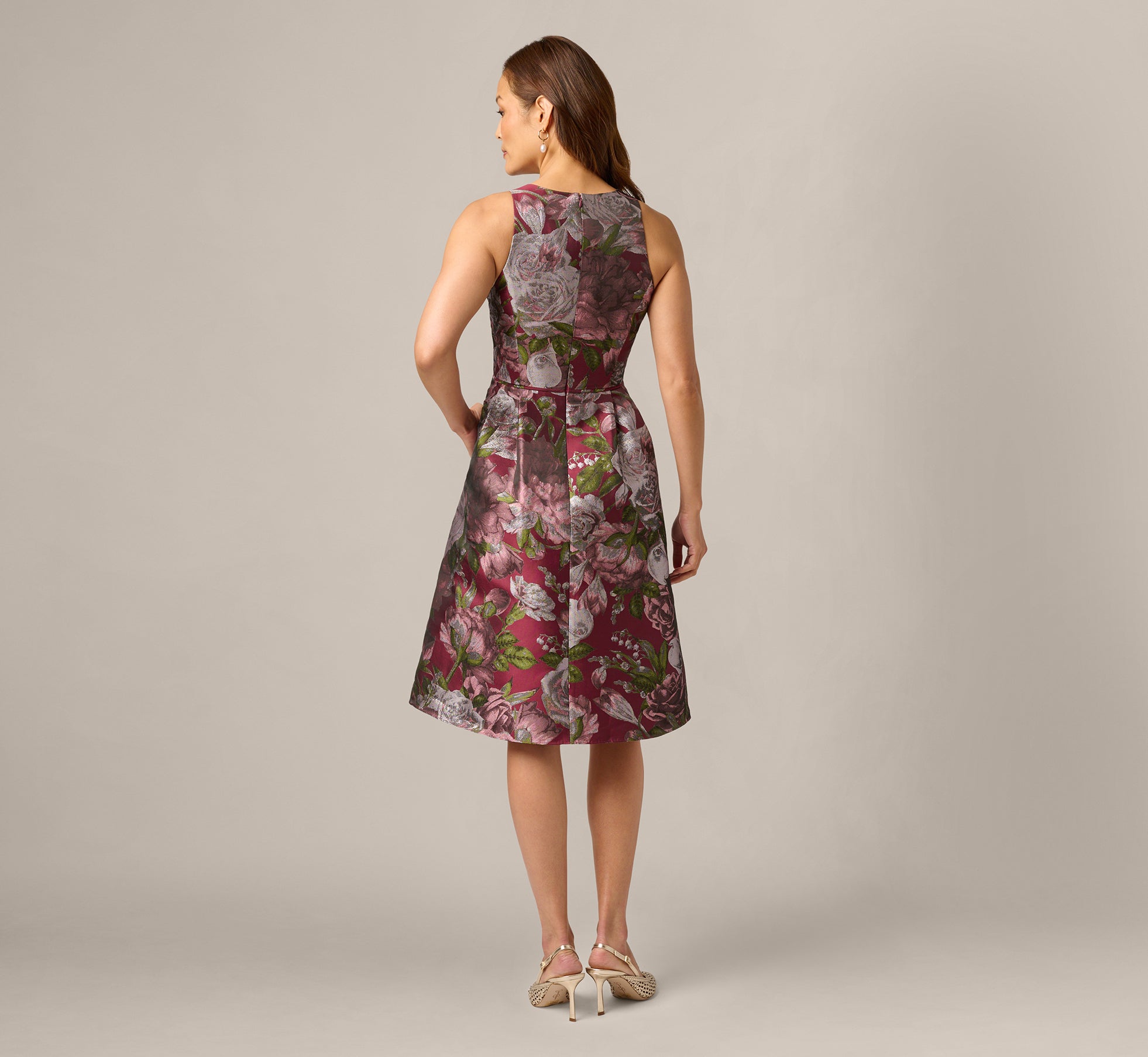 Rose Garden Metallic Jacquard Fit And Flare Dress In Burgundy Multi