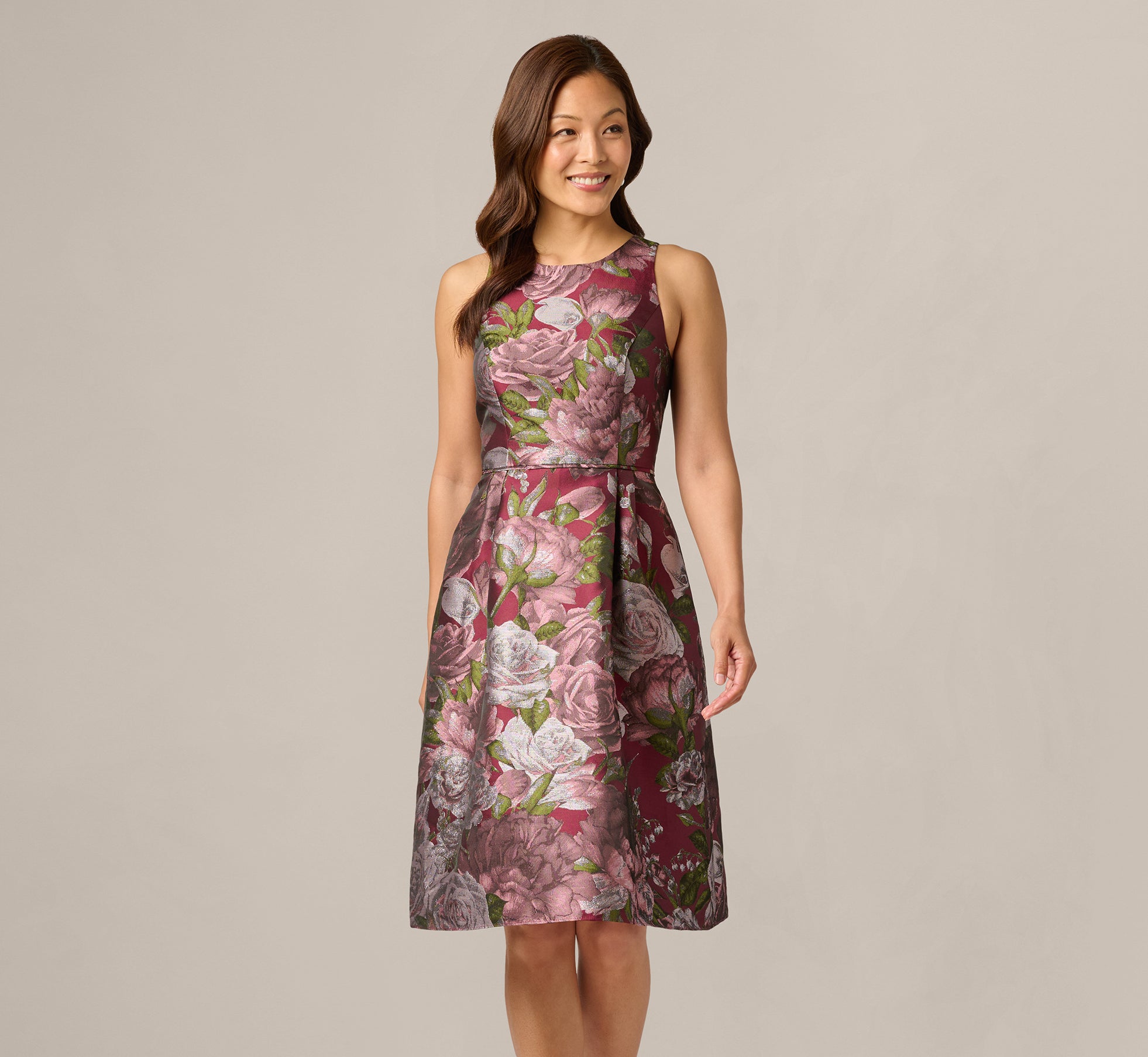 Rose Garden Metallic Jacquard Fit And Flare Dress In Burgundy Multi