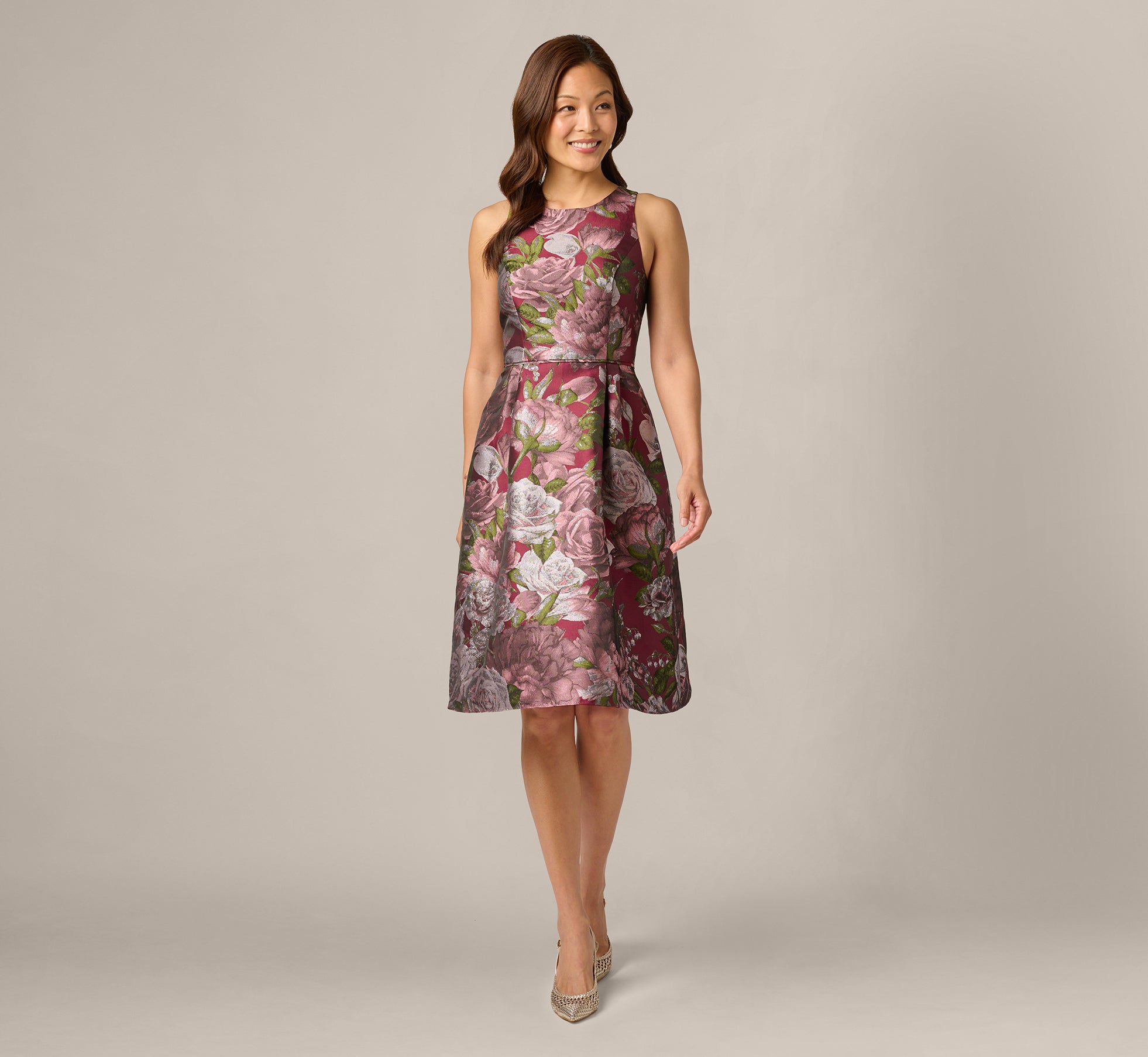 Rose Garden Metallic Jacquard Fit And Flare Dress In Burgundy Multi