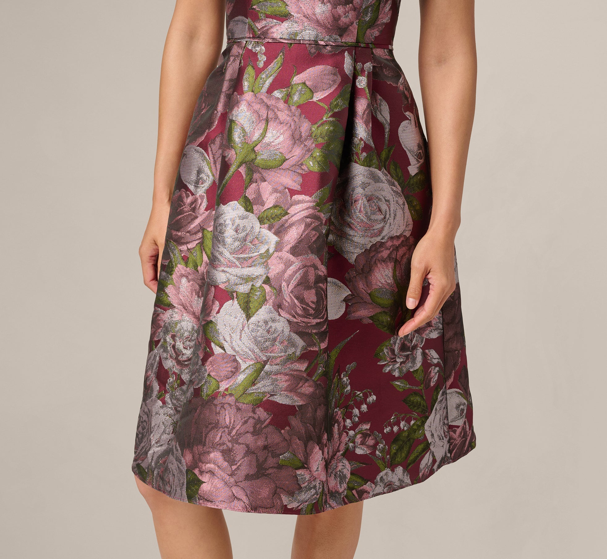 Rose Garden Metallic Jacquard Fit And Flare Dress In Burgundy Multi