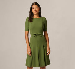 Knit Crepe Bow Front Dress In Olive Cypress