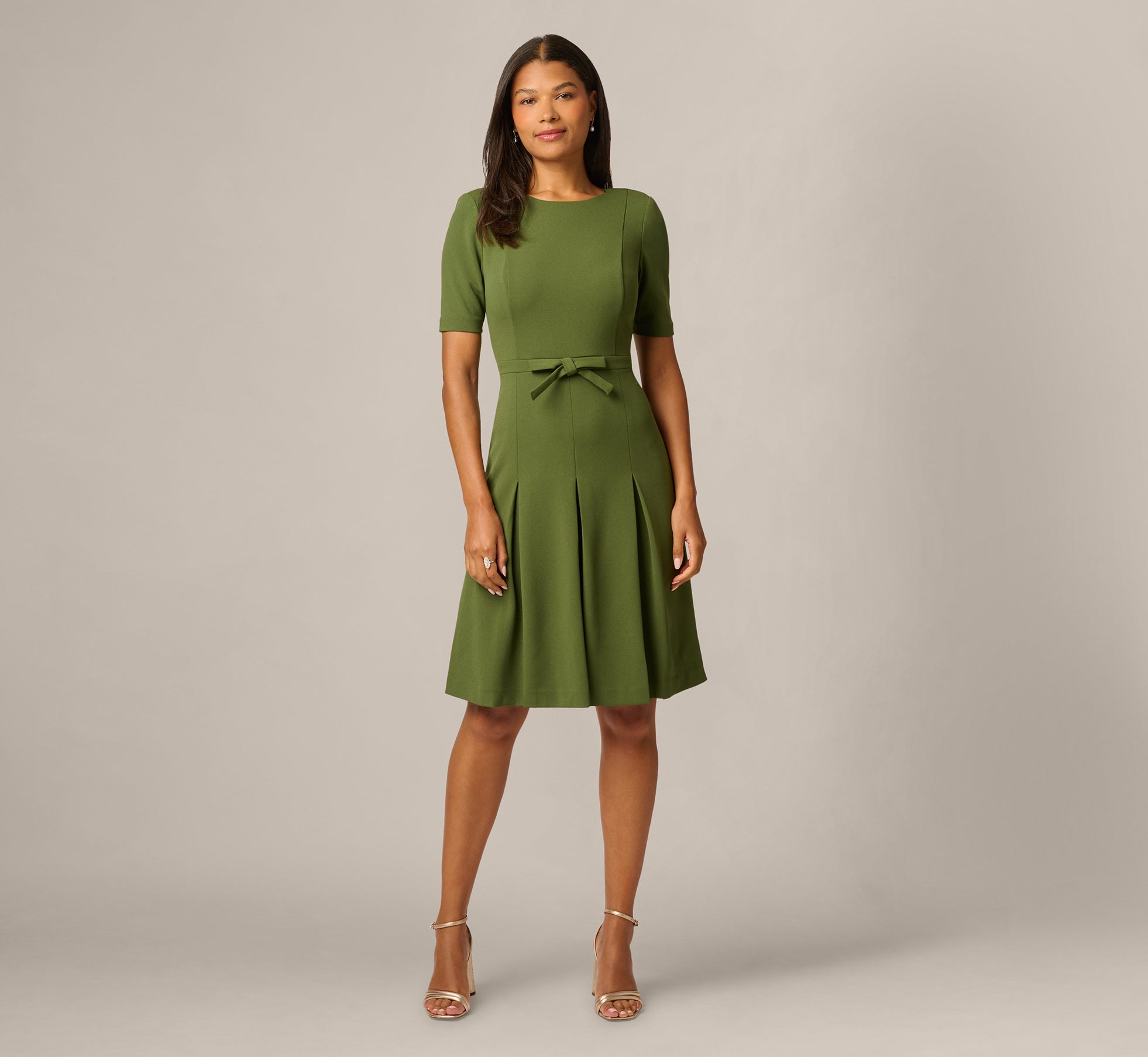 Knit Crepe Bow Front Dress In Olive Cypress