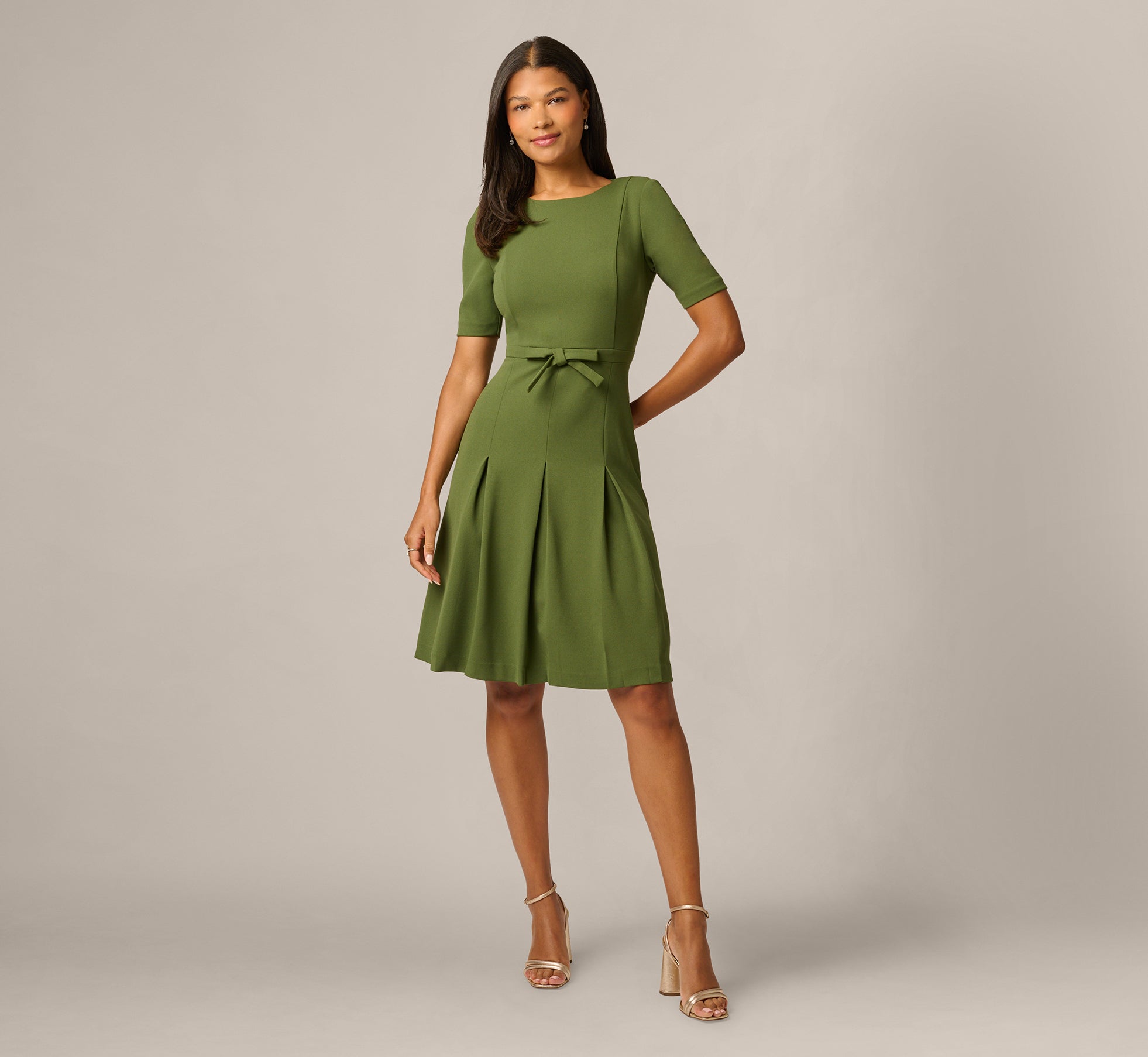 Knit Crepe Bow Front Dress In Olive Cypress