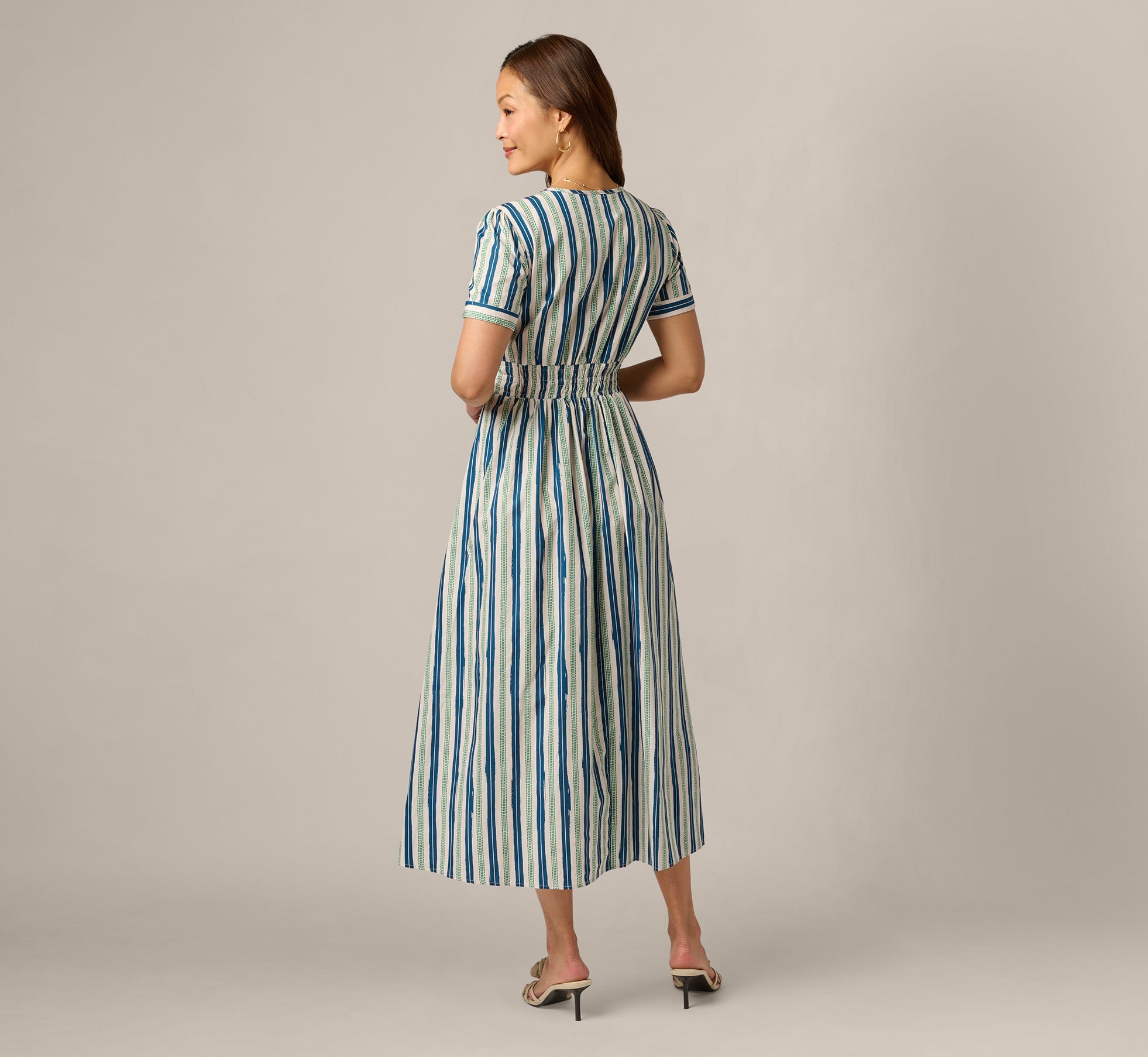 Short Sleeve Cotton Sophia Midi Dress In Ecru Navy