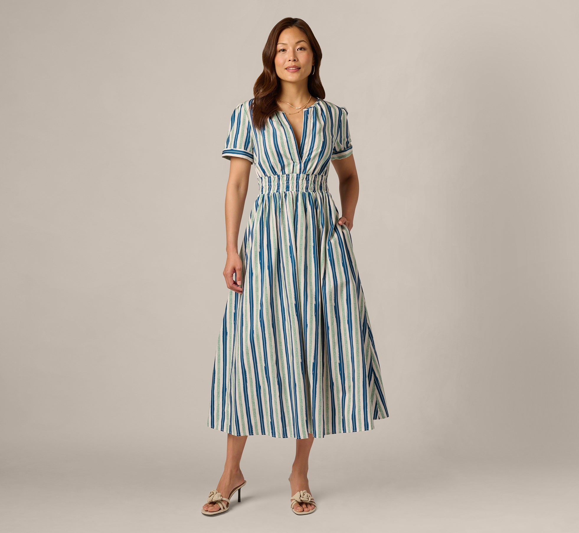 Short Sleeve Cotton Sophia Midi Dress In Ecru Navy