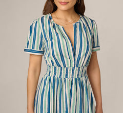 Short Sleeve Cotton Sophia Midi Dress In Ecru Navy