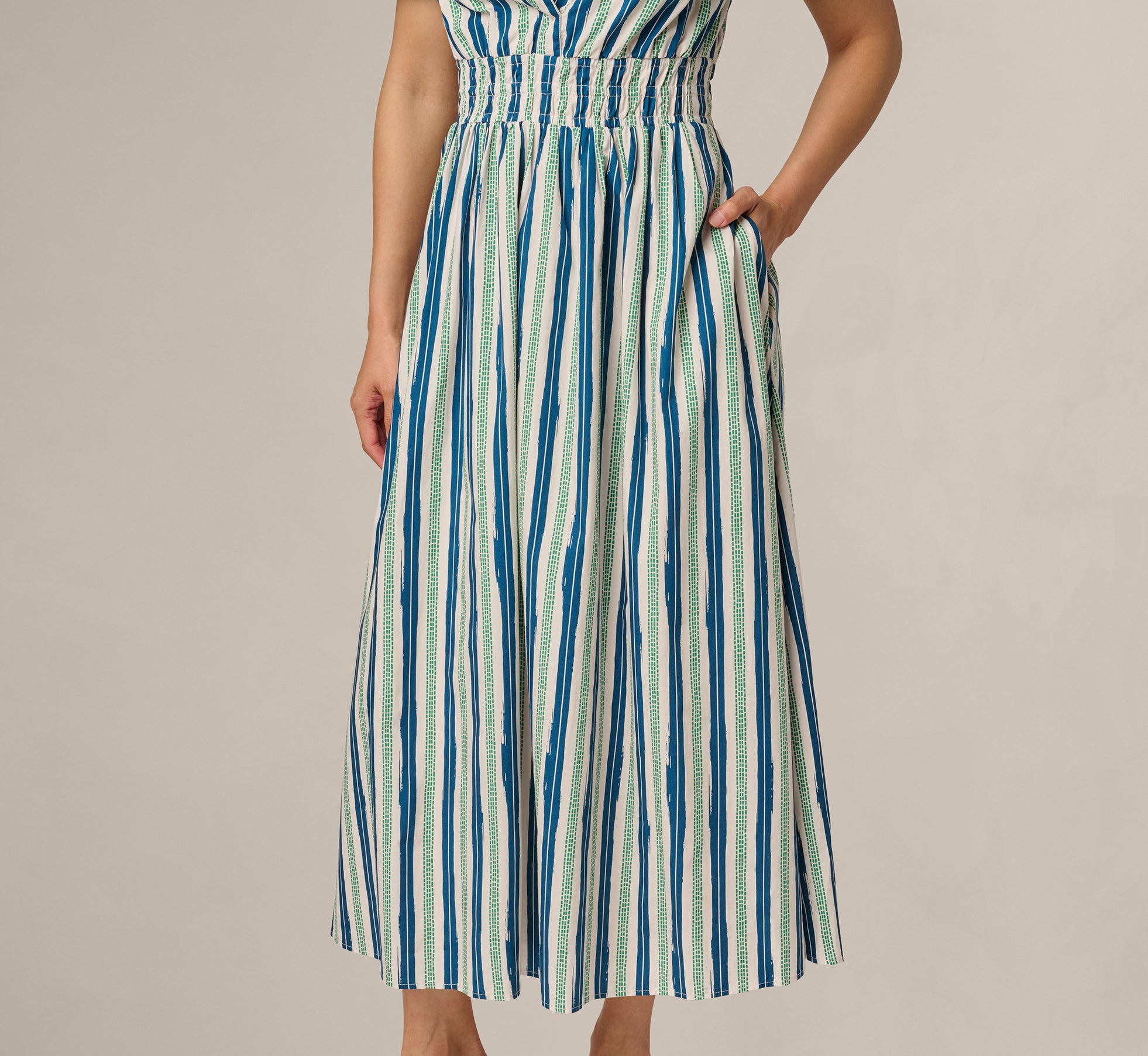 Short Sleeve Cotton Sophia Midi Dress In Ecru Navy