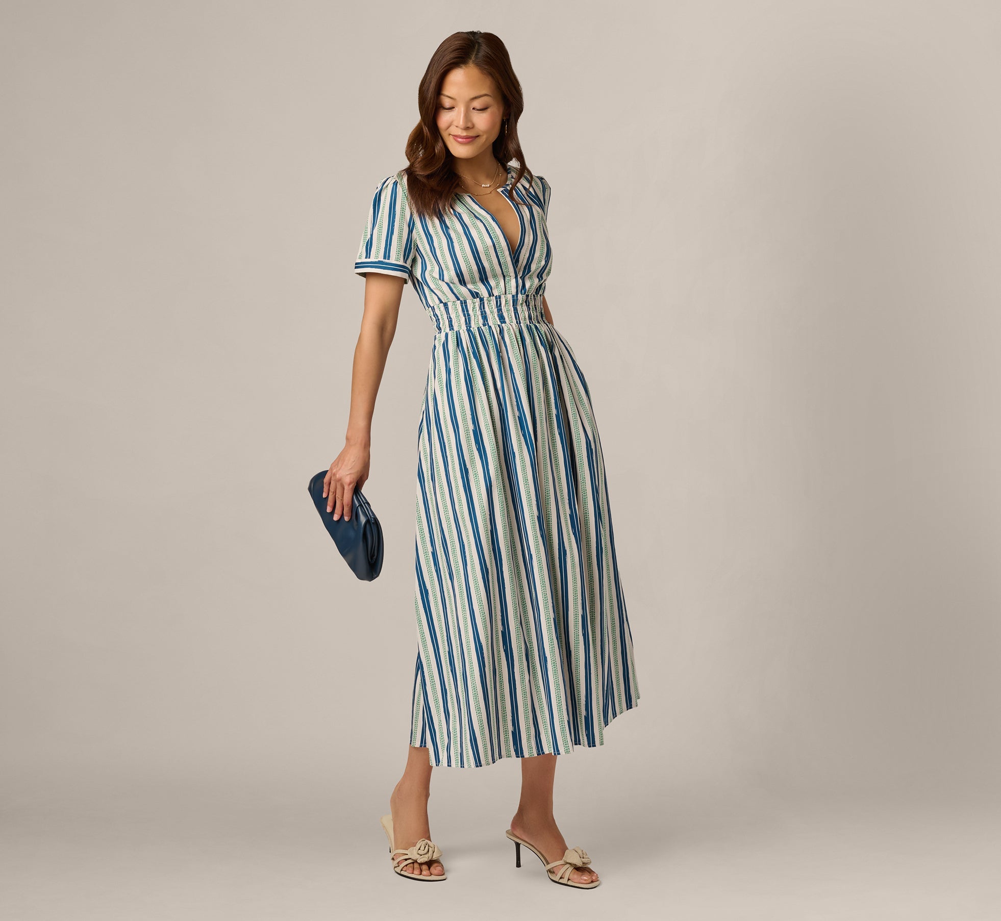 Short Sleeve Cotton Sophia Midi Dress In Ecru Navy