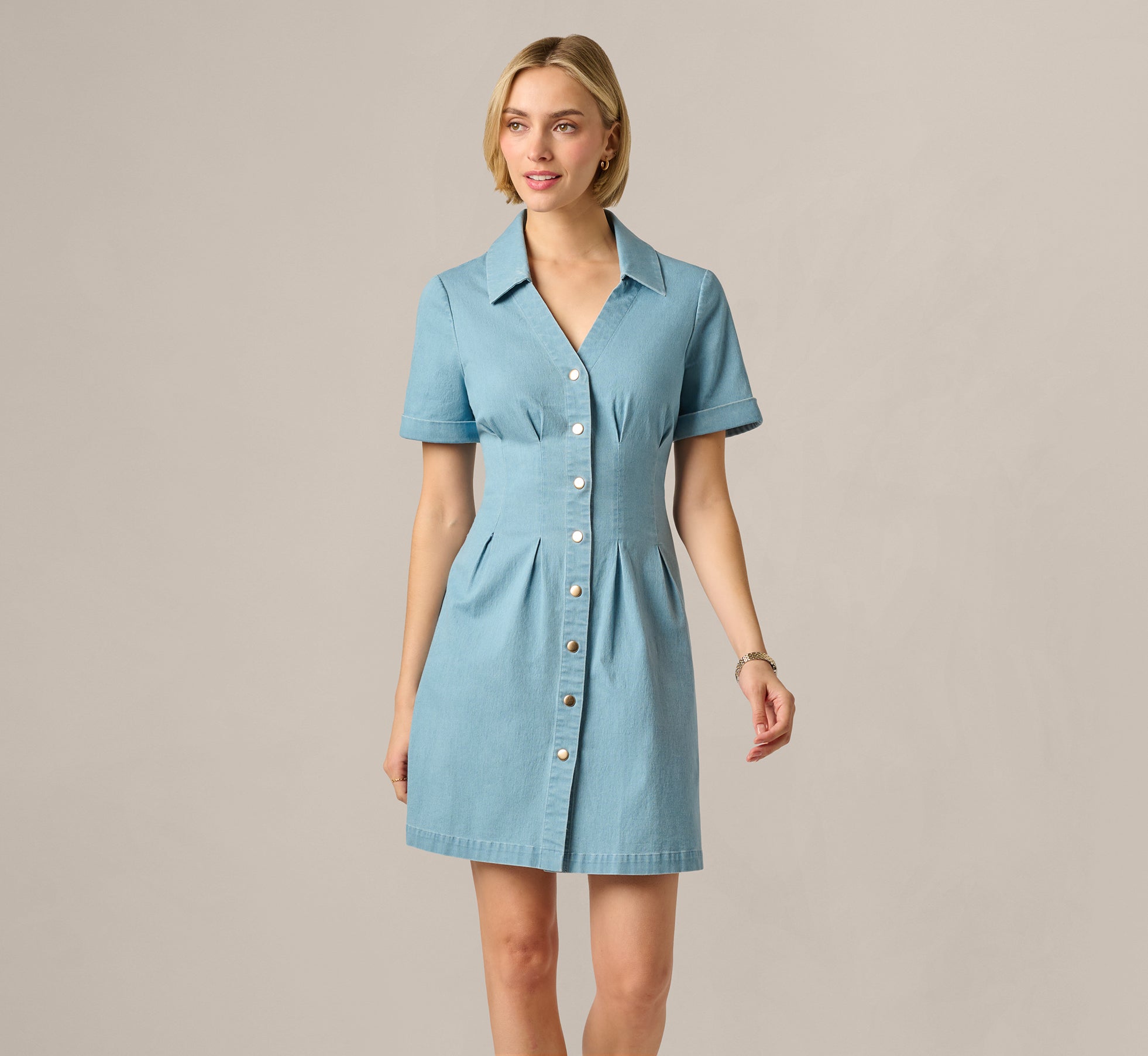Short Sleeve Cotton Chambray Emma Dress In Chambray Blue