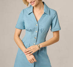 Short Sleeve Cotton Chambray Emma Dress In Chambray Blue