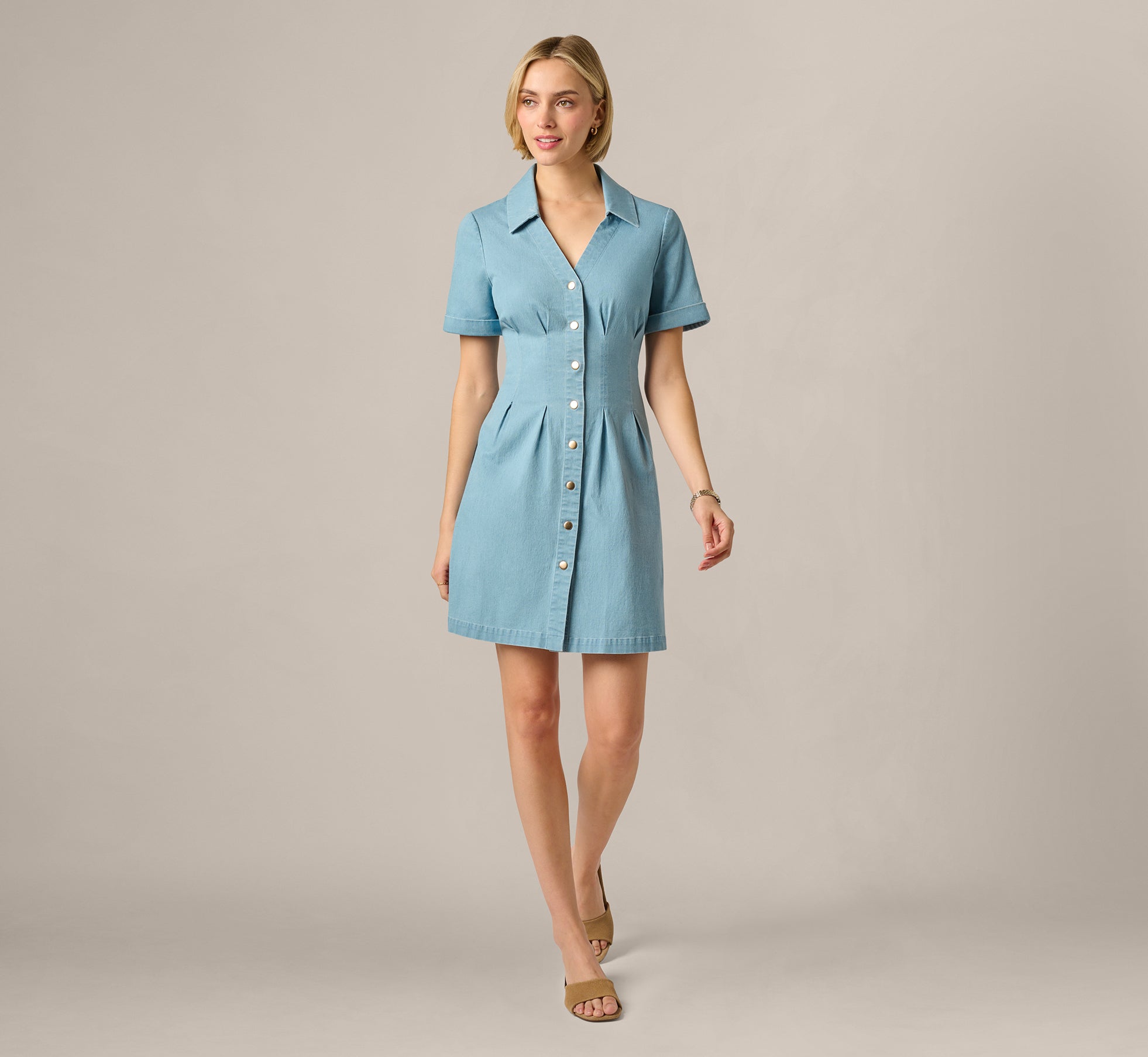 Short Sleeve Cotton Chambray Emma Dress In Chambray Blue