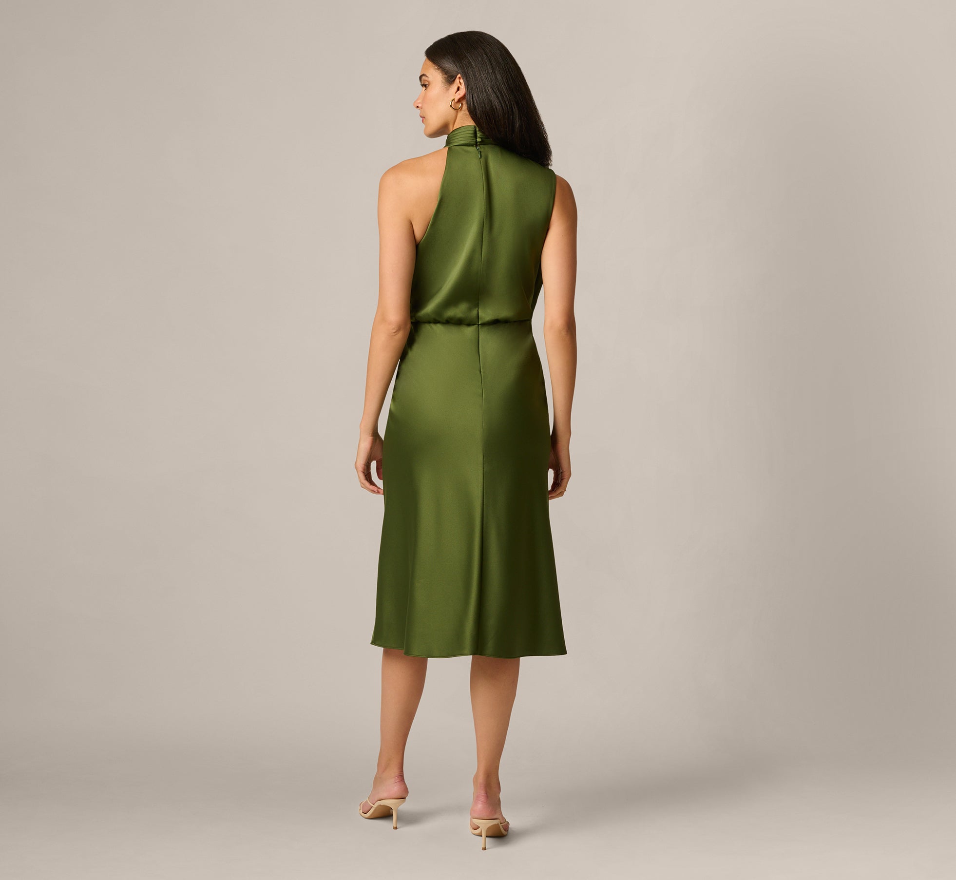 Satin Blouson Halter Midi Dress In Olive Cypress