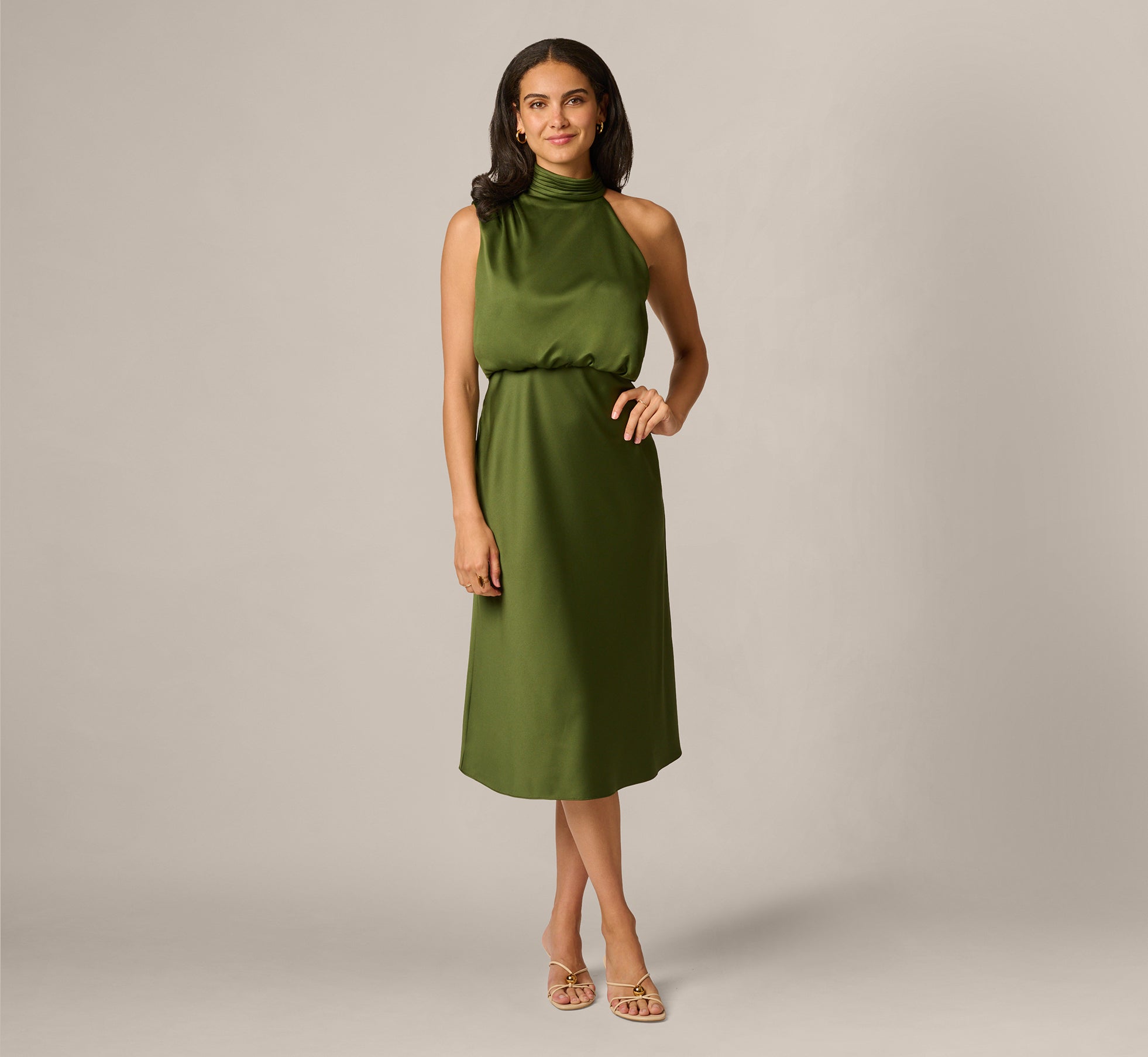 Satin Blouson Halter Midi Dress In Olive Cypress
